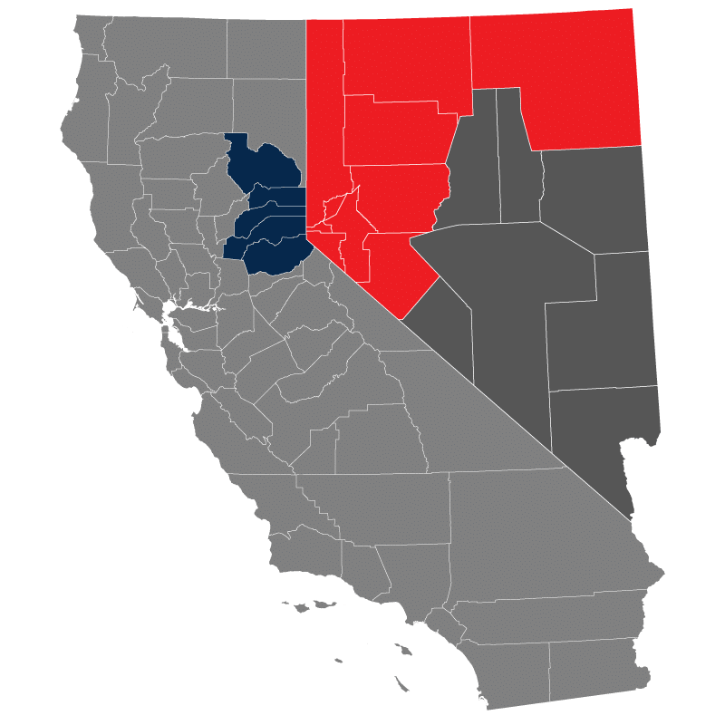 American Document Destruction's Service Area Map. Counties served in California shown in Blue and Counties served in Nevada shown in Red